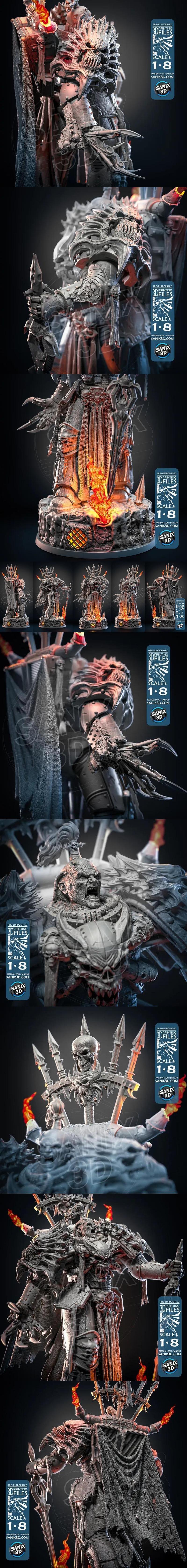 Armageddon Warmachine 3D model figure by Sanix, 1:8 scale, wearing ornate demonic armor with skulls and flames, holdi...