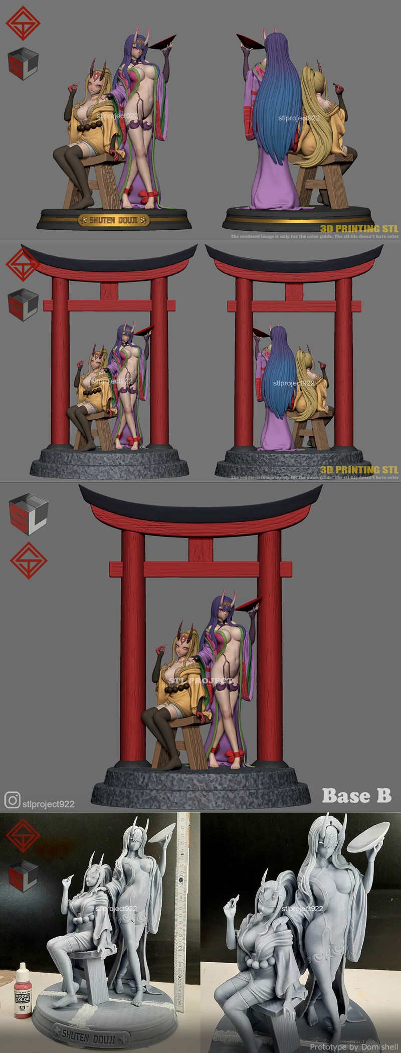 3D print models of Shuten Douji from Fate/Grand Order, featuring multiple poses and variations, with demonic horns an...
