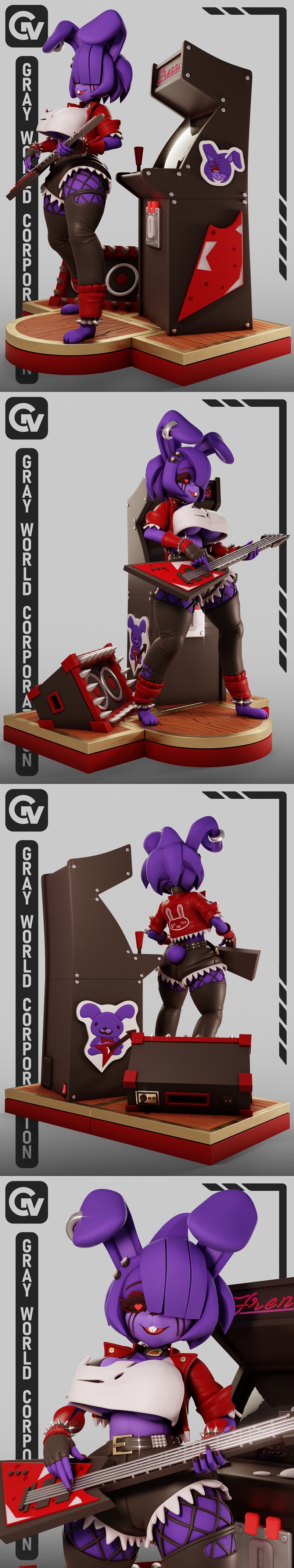 Purple anthropomorphic rabbit character Frenni from Bonfie 2 holding a red electric guitar, wearing a rock outfit, st...