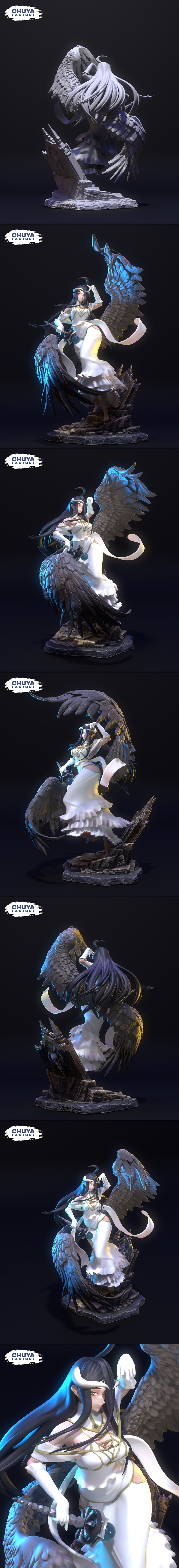 Albedo v2 figure from Chuya Factory, wearing a white and gold dress, with black hair, horns, and large wings, holding...