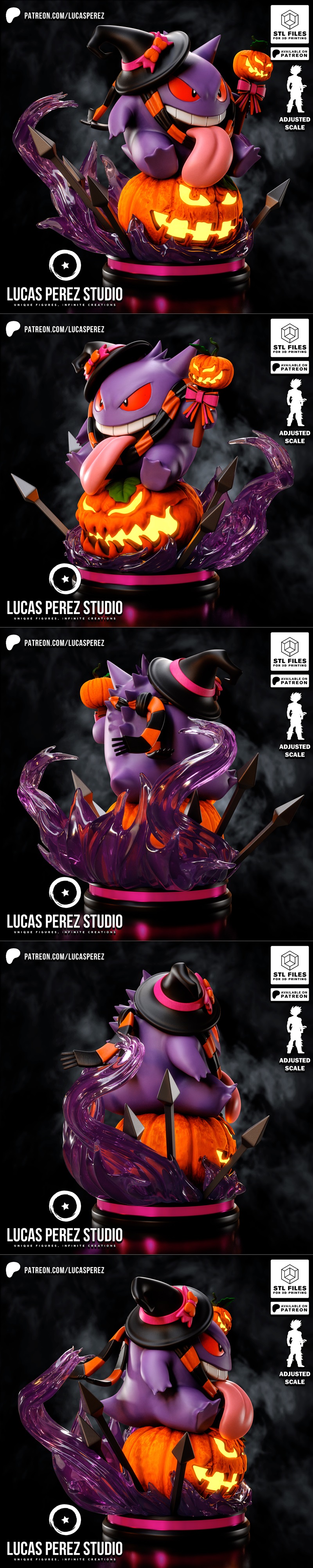 Gengar Pokemon figure in Halloween costume, wearing a witch hat and sitting on a jack-o'-lantern, with swirling purpl...