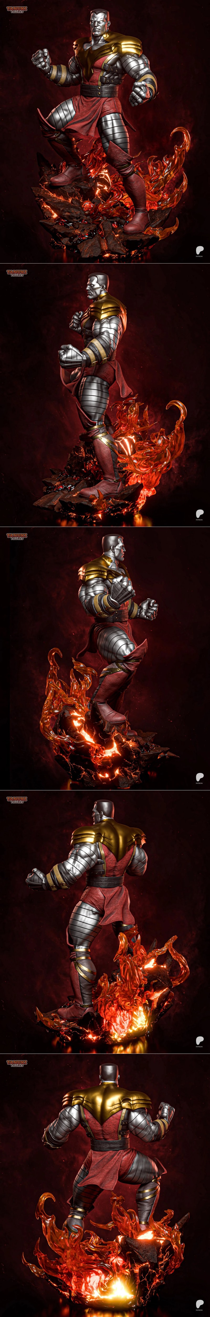 Tanuki Figures 3D model of Colossus from X-Men, metallic skin, red and gold costume, standing on a fiery base.