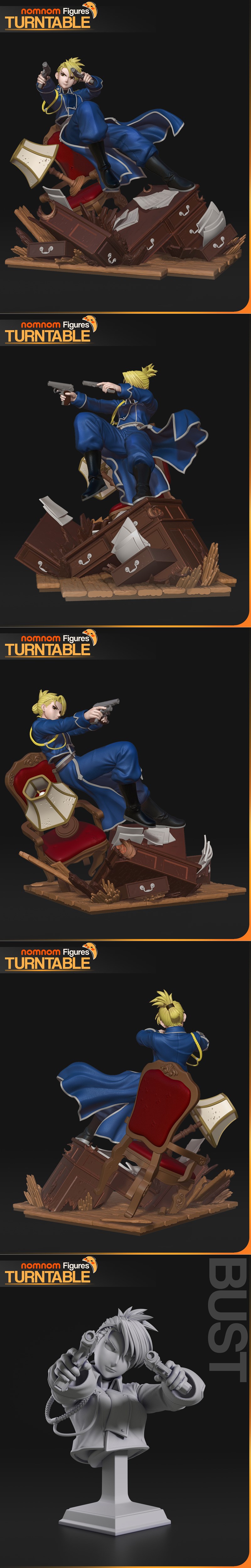 Riza Hawkeye from Fullmetal Alchemist in a dynamic pose, seated and aiming two pistols. She wears a blue military uni...