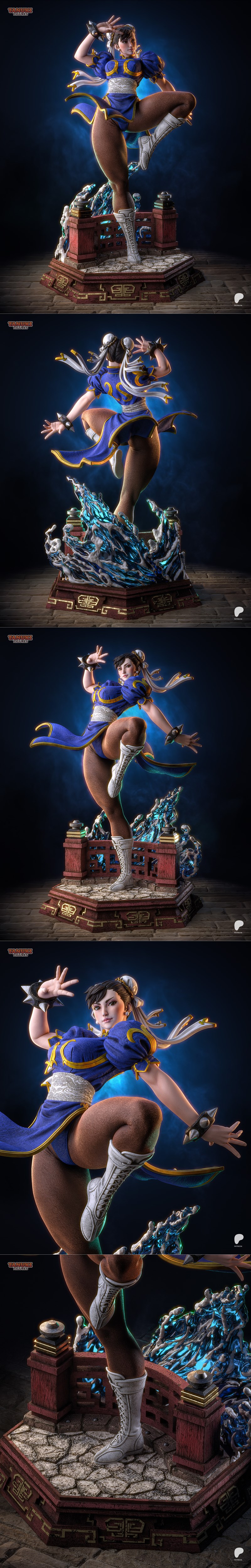 3D model of Chun-Li from Street Fighter in a dynamic combat pose, wearing her blue dress and white boots, standing on...