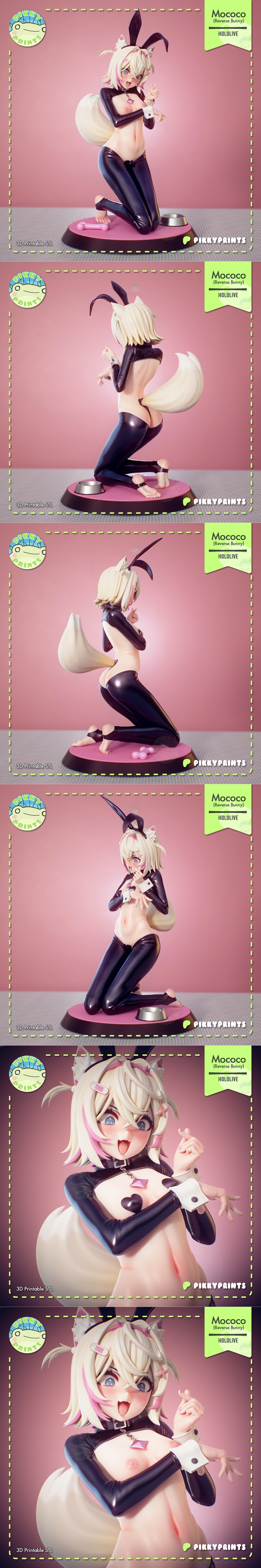 3D printable figure of Hololive's Mococo Abyssgard in a revealing bunny outfit, kneeling on a pink base with a dog bo...
