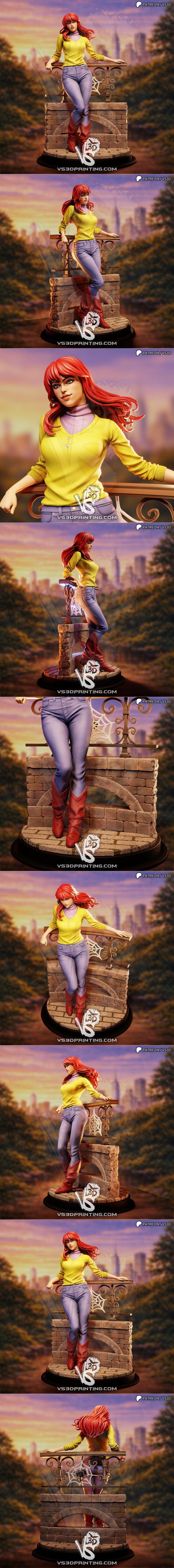 VS3D 3D model of Mary Jane Watson leaning on a railing, wearing a yellow sweater and jeans, with red hair and a city...