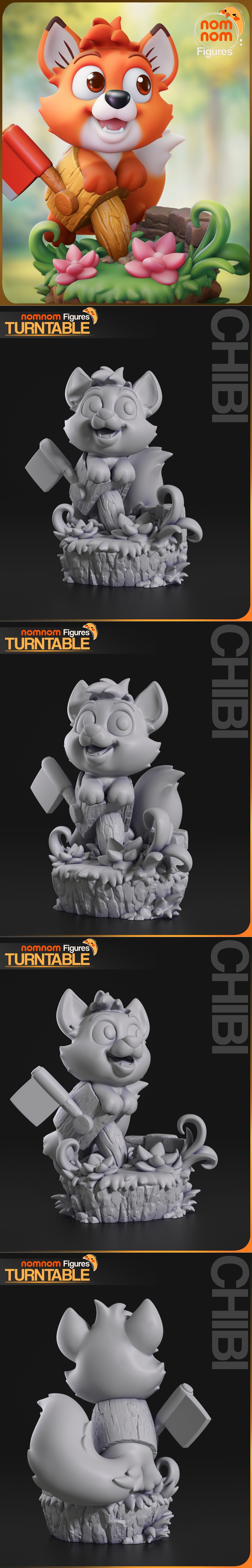 Chibi Tod the fox from The Fox and the Hound, holding an axe in a log, with pink flowers and green foliage on a fores...