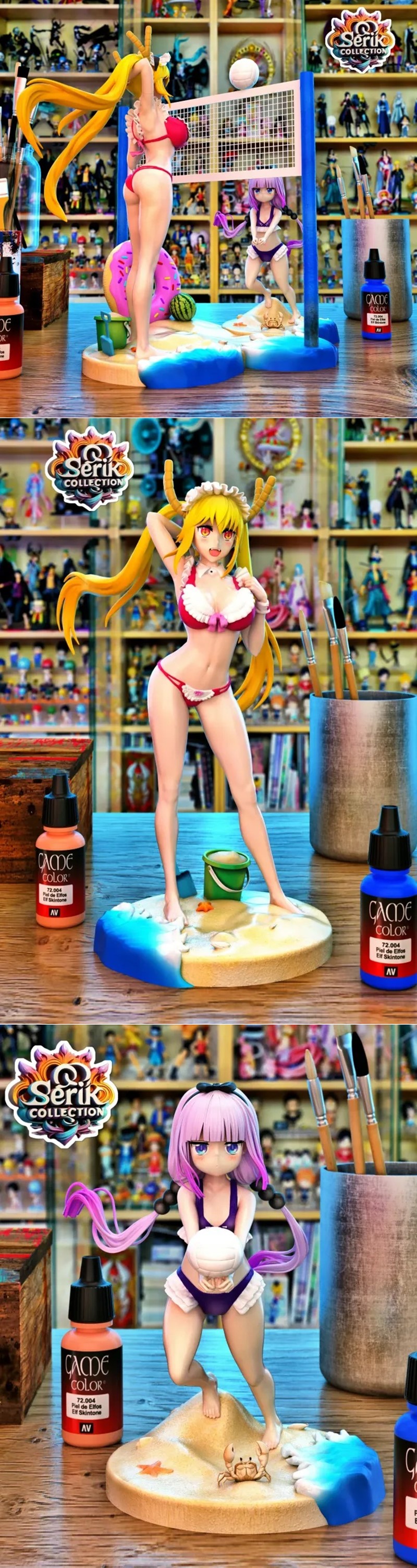 3D printable figures of Kanna and Tohru from Miss Kobayashi's Dragon Maid in bikinis playing beach volleyball. Kanna...