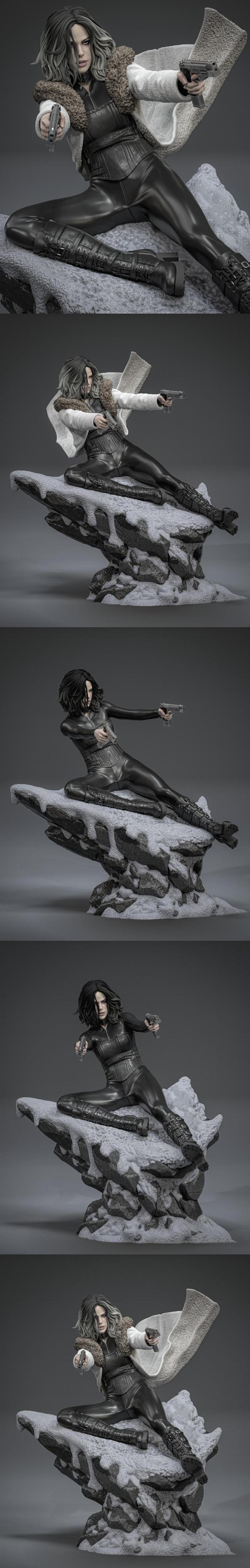 Selene from Underworld in a dynamic pose, holding two pistols, wearing a leather outfit and a fur-lined coat.