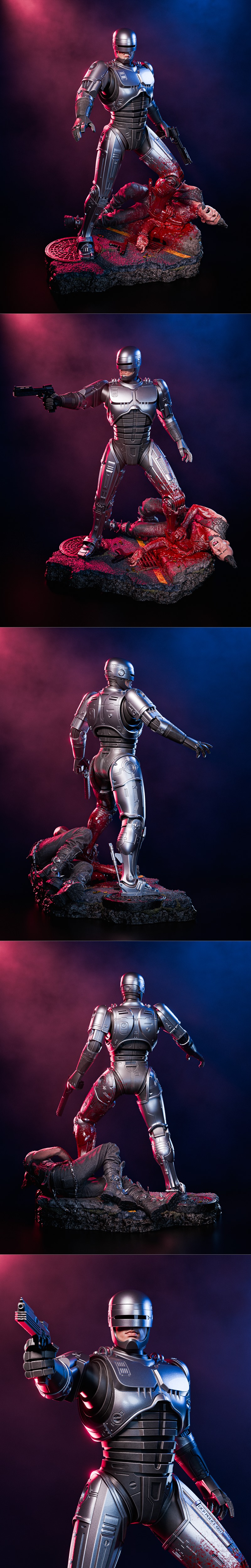 Robocop figure standing over a bloody corpse, holding a pistol. Detailed metallic armor, gore on the base. Dramatic r...