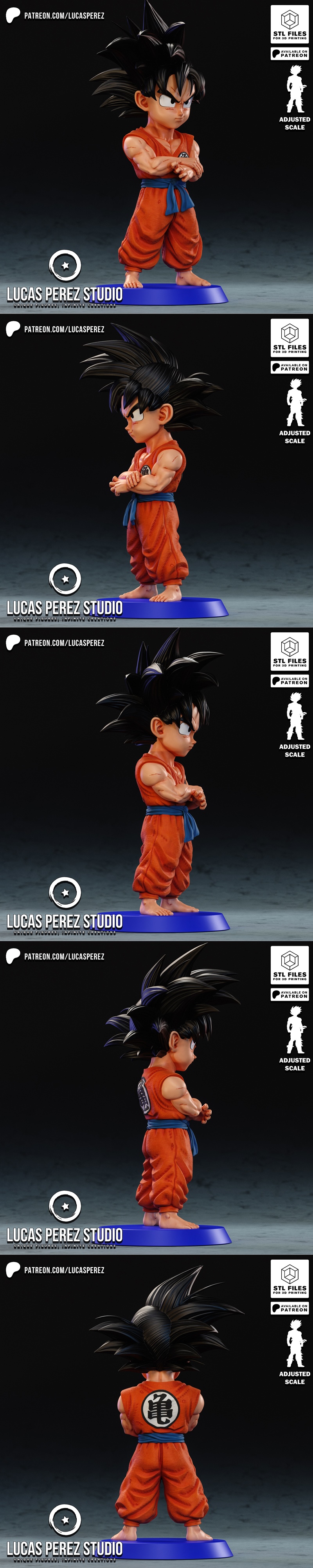 Chibi Goku 3D model by Lucas Perez Studio, wearing orange gi and blue sash, arms crossed, standing on a blue base.