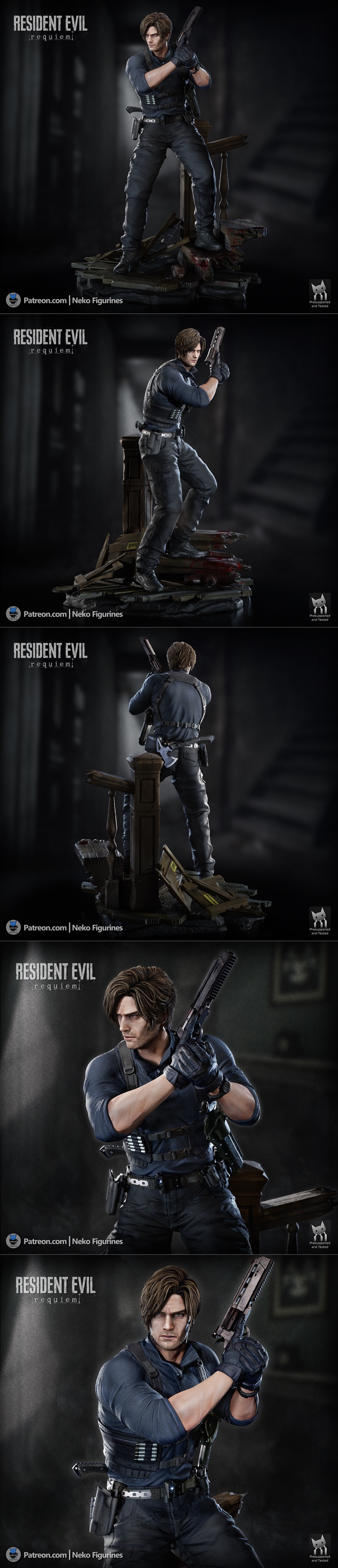 3D model of Leon Kennedy from Resident Evil, holding a handgun, wearing tactical gear, standing on a blood-splattered...