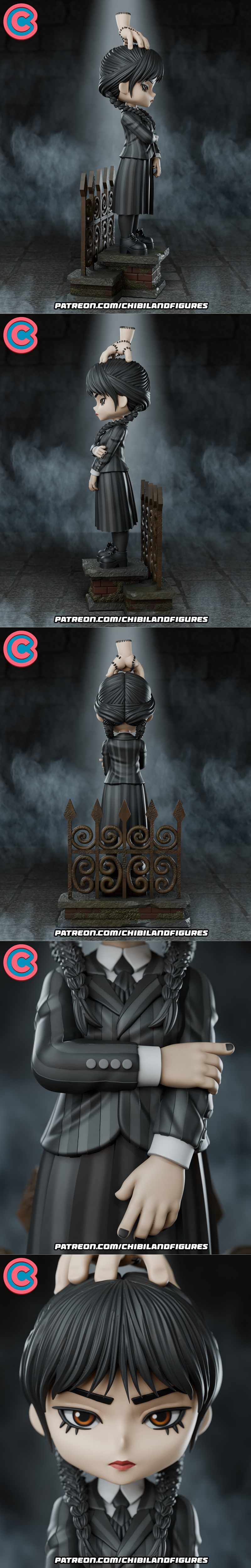Chibi Wednesday Addams 3D model with Thing on her head, wearing a striped school uniform and standing on a gothic dio...