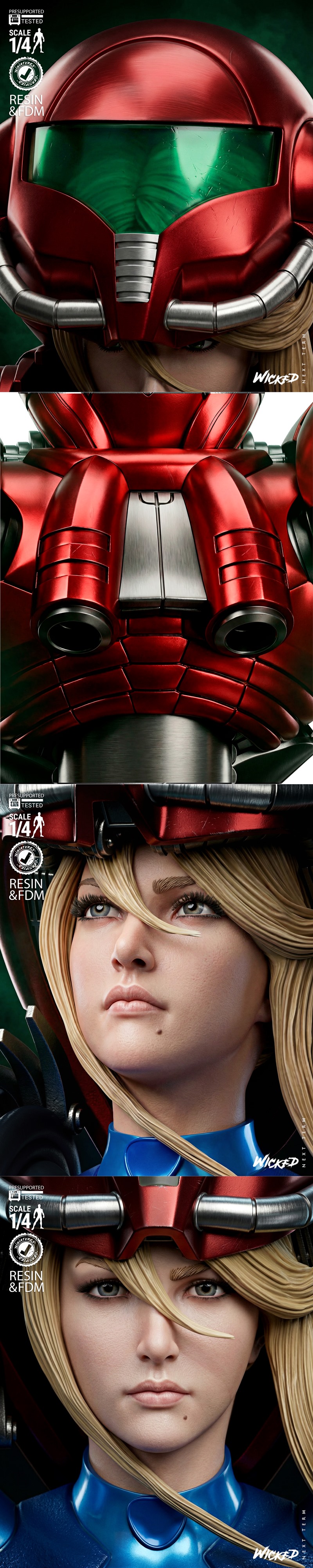 Bust of Samus Aran in Varia Suit, 1:4 scale, red and gold armor, blue chest piece, blonde hair visible, determined ex...