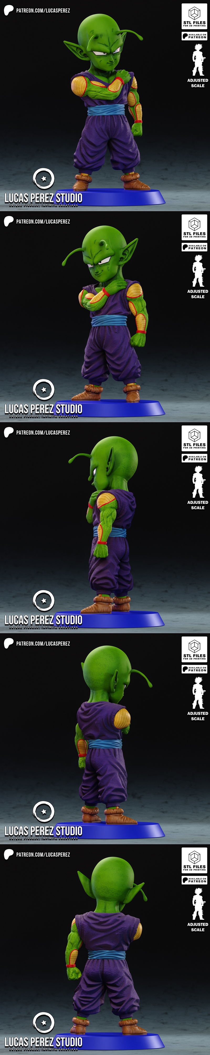Chibi Picollo figure from Dragon Ball, green skin, purple gi, blue sash, brown boots, on a blue base. STL model by Lu...