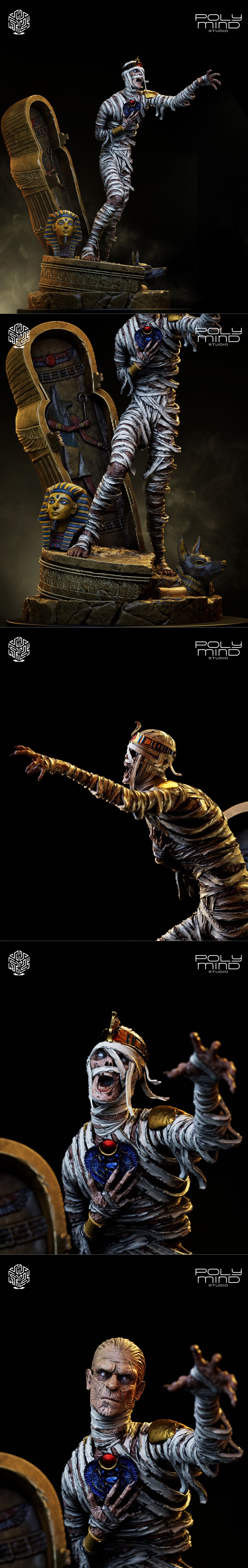 PolyMind Studio Mummy figure on a diorama base with sarcophagus, pharaoh bust, and Anubis statue. The mummy is wrappe...