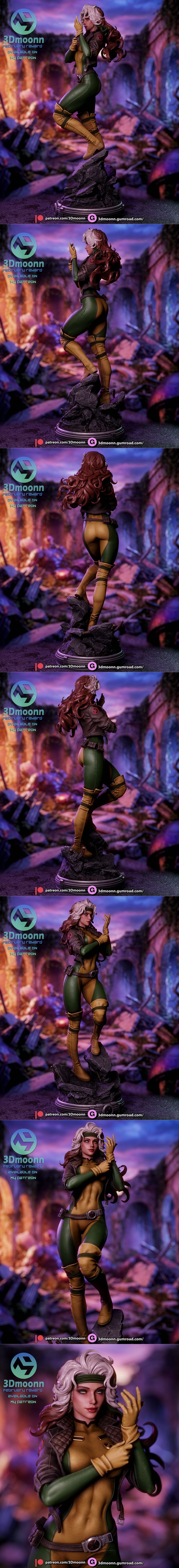 3Dmoonn Rogue X-Men 3D print model figure, wearing green and yellow suit, brown jacket, boots, and gloves, standing o...