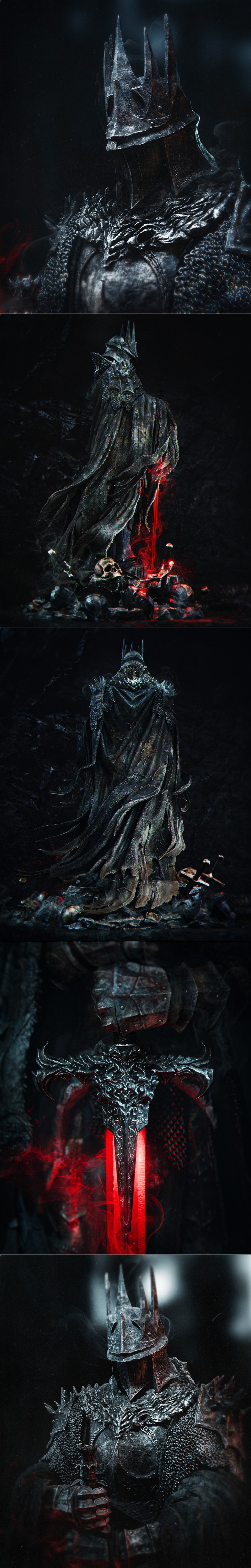 Death Knight figure in full dark armor and crown, holding a glowing red sword over a base of skulls and swords. Dark...