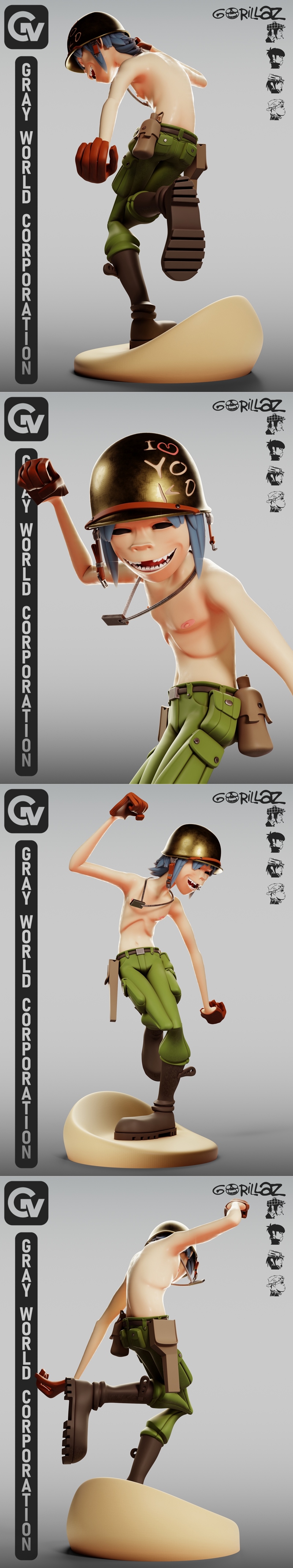 3D model of Gorillaz character 2D running, wearing a helmet, green pants, and brown boots, shirtless.