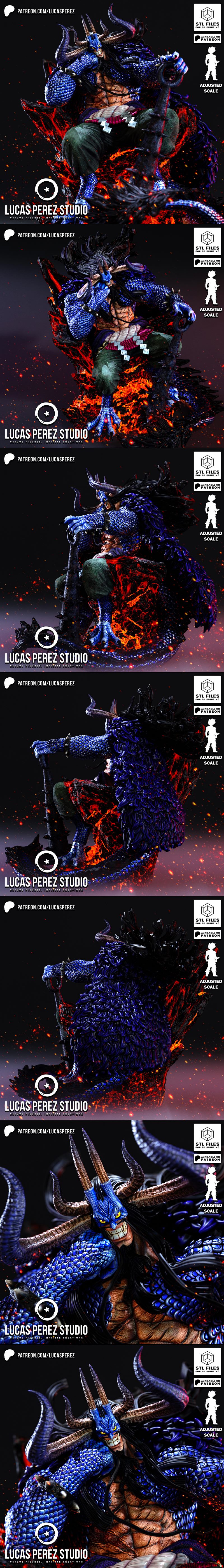 3D model of Kaido from One Piece in dragon hybrid form, seated on a fiery base, wearing blue scaled armor and green p...