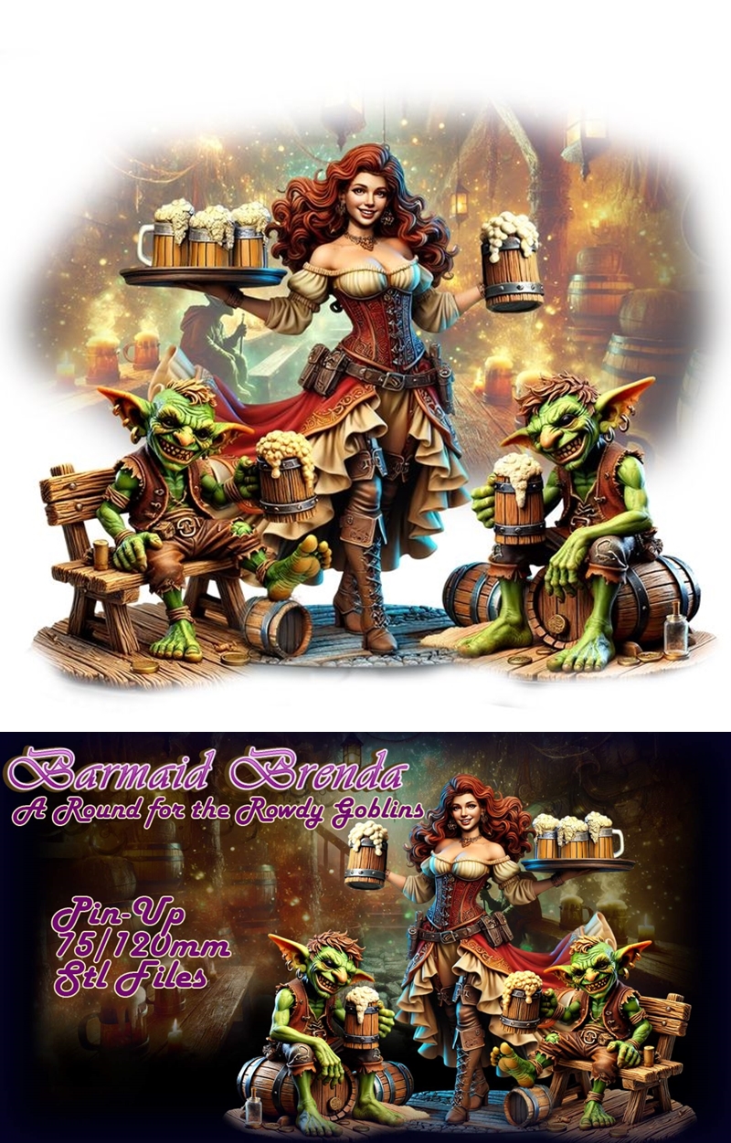 Steampunk fantasy barmaid Brenda with red hair, holding a tray of beer mugs, stands between two goblins drinking from...