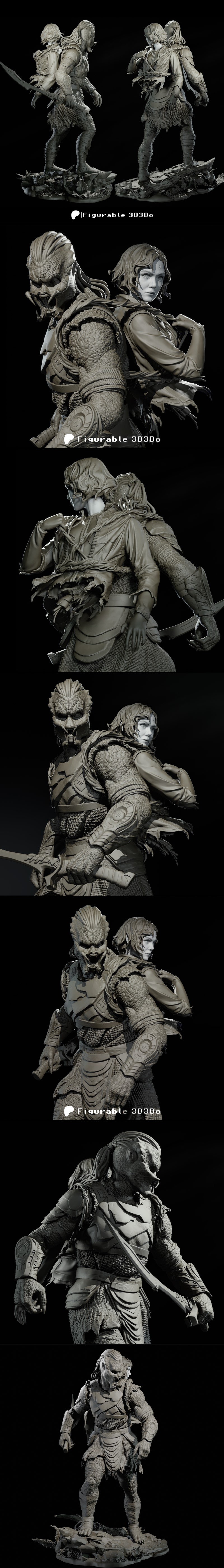 3D model of a Predator alien and a human standing back-to-back on a rocky base, both figures armored and detailed.