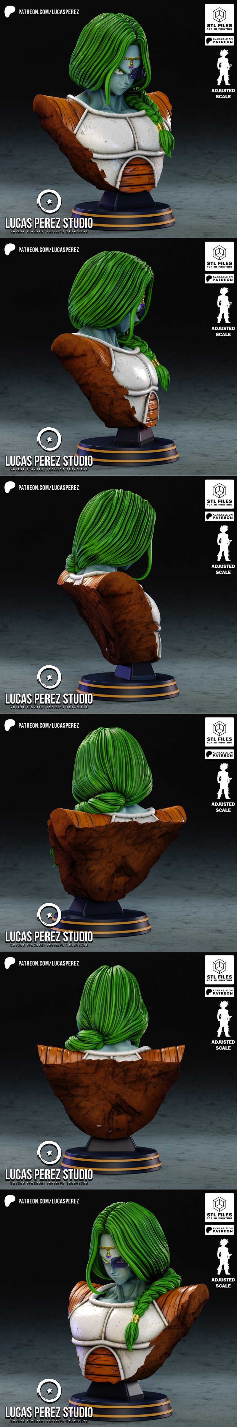 Bust of Zarbon from Dragon Ball, featuring long green hair, purple eye patch, and Frieza Force armor, presented by Lu...