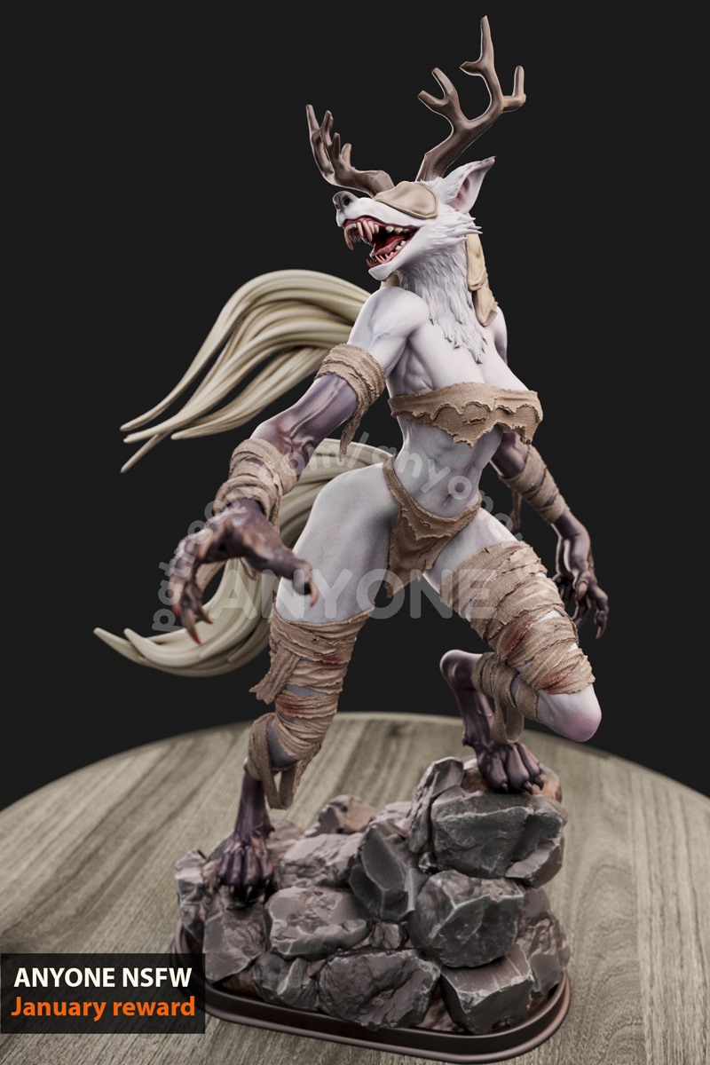 3D print model of Vicar Amelia from Bloodborne, a white-furred beast with antlers, sharp teeth, and bandages, in a dy...