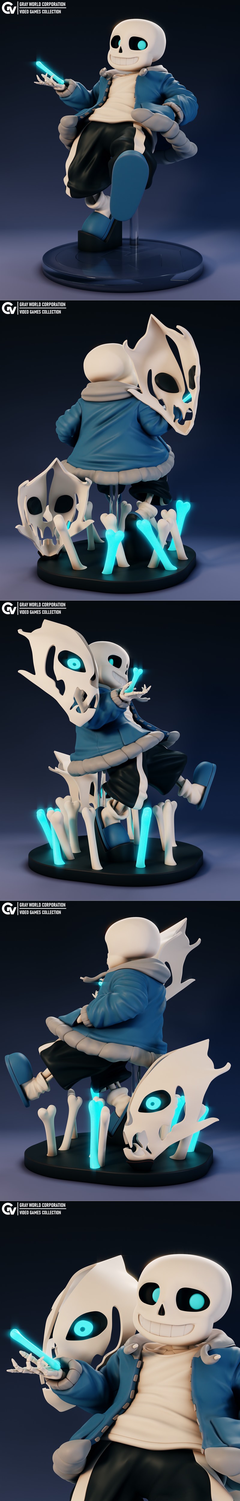 3D model of Sans from Undertale, grinning with glowing blue eyes, surrounded by spectral bones and Gaster Blasters em...