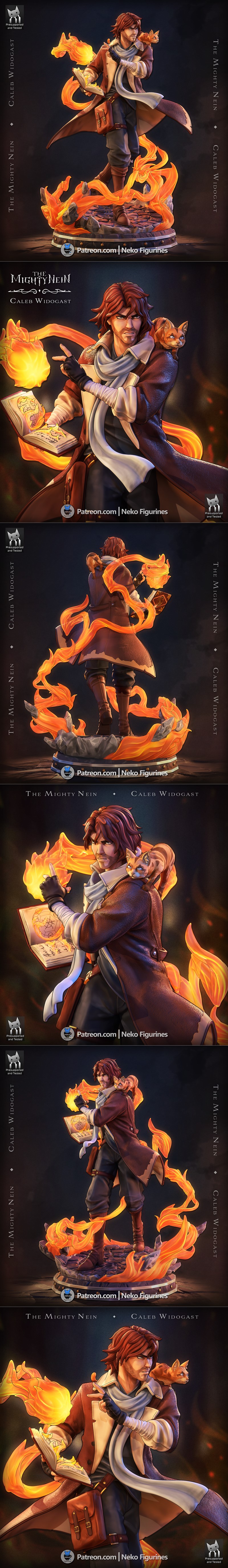 3D print figure of Caleb Widogast from The Mighty Nein, conjuring fire magic with a cat on his shoulder, standing on...