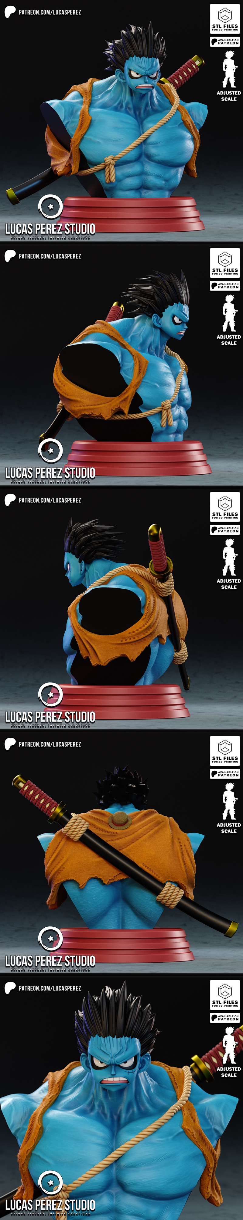 Bust of Luffy in Nightmare Form from One Piece, blue skin, muscular, spiky hair, orange sash, katana on back, red bas...