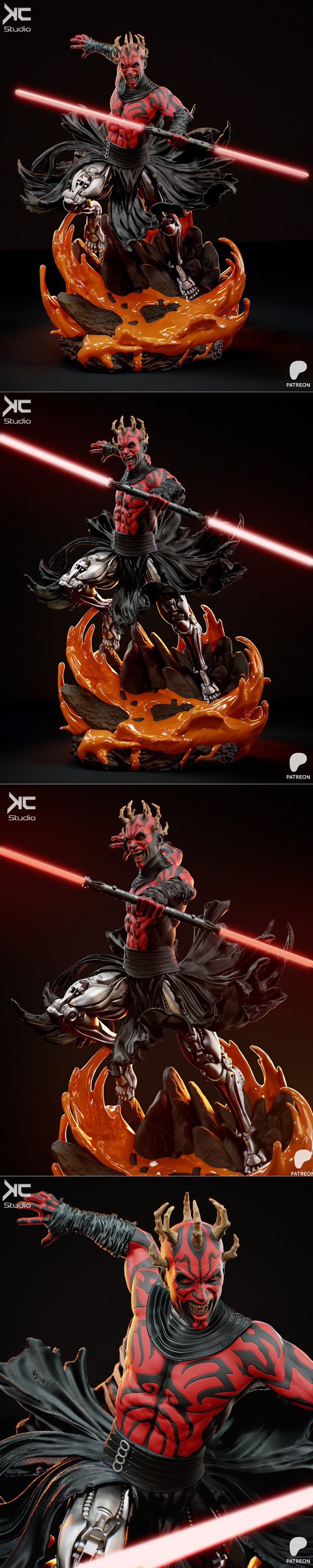 Darth Maul figure with red and black markings, horns, and a cybernetic leg, wielding a red lightsaber, standing on a...