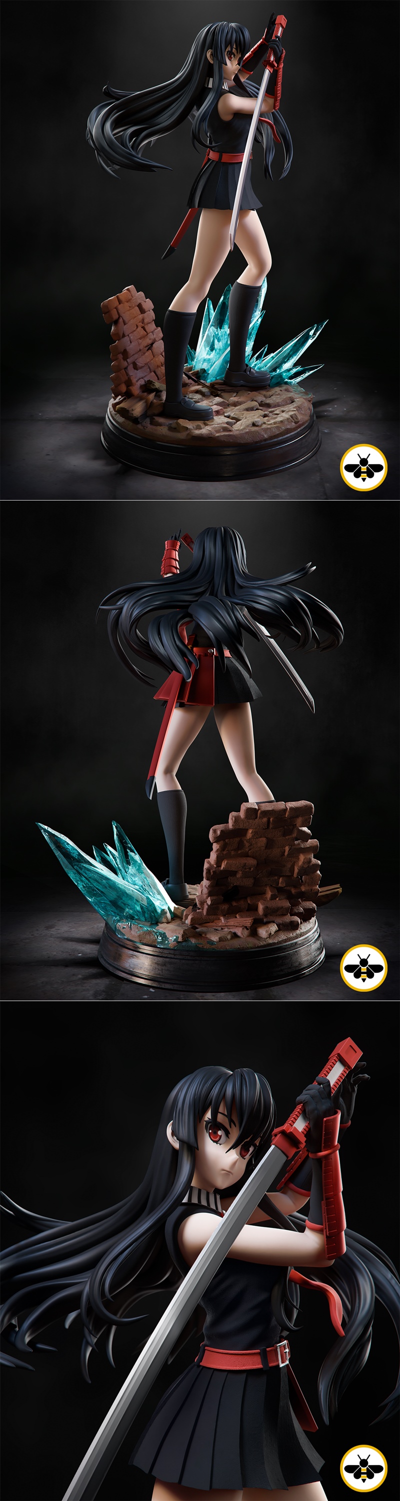 Akame Ga Kill anime figure, holding sword in action pose, wearing black outfit and red accents, on a detailed base wi...