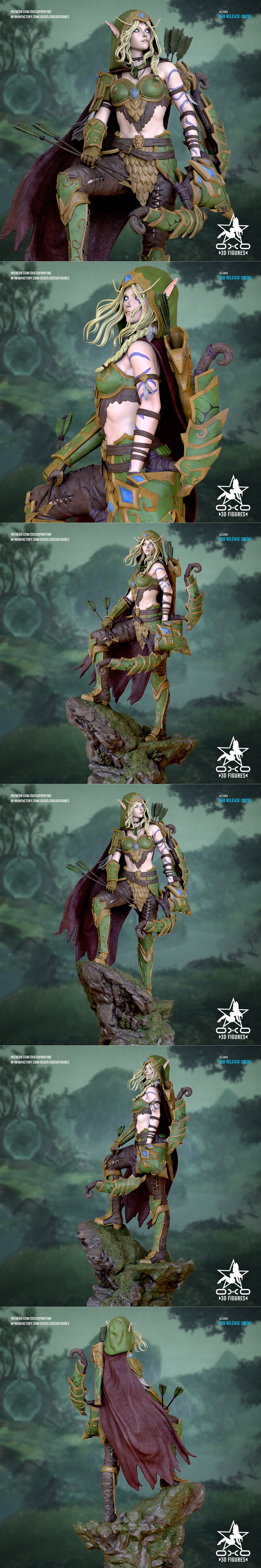 Alleria Windrunner miniature 3D model by OXO3D Figures, depicted as an elf archer with blonde braided hair, green and...