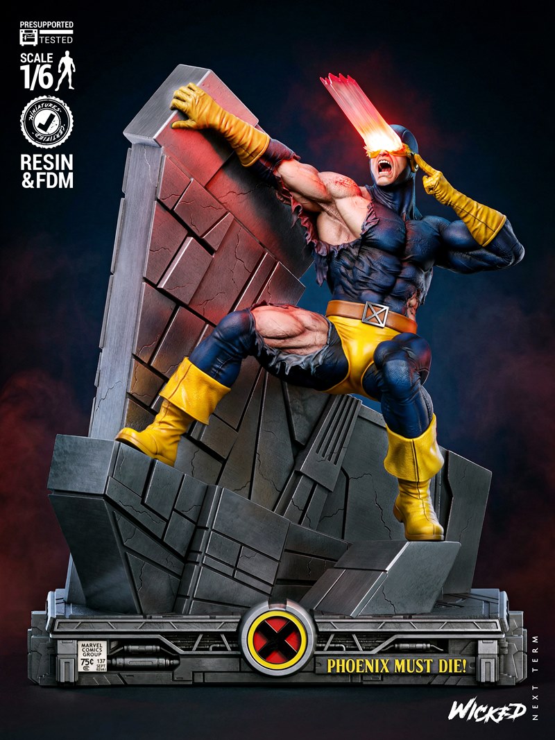 1/6 scale Cyclops figure from Wicked, unleashing optic blast from visor, leaning on rubble, torn costume, X-Men logo...