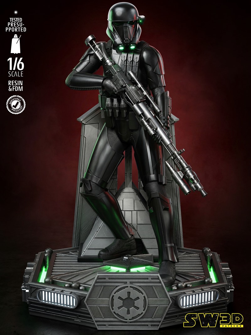 1/6 scale 3D model of a Star Wars Death Trooper in black armor, holding a blaster rifle, standing on an illuminated I...