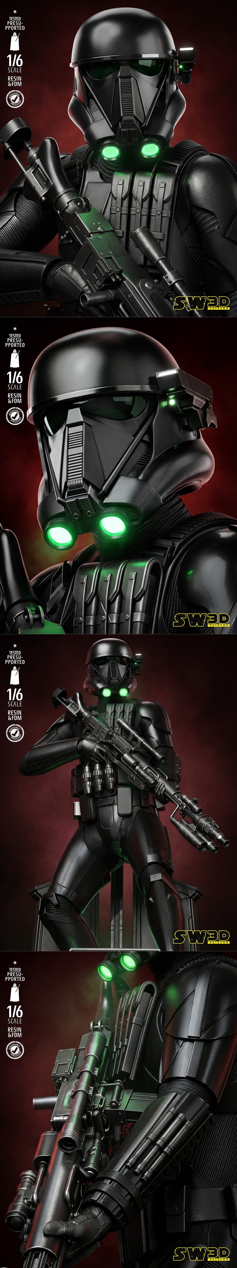 1/6 scale 3D model of a Star Wars Death Trooper in black armor, holding a blaster rifle, standing on an illuminated I...