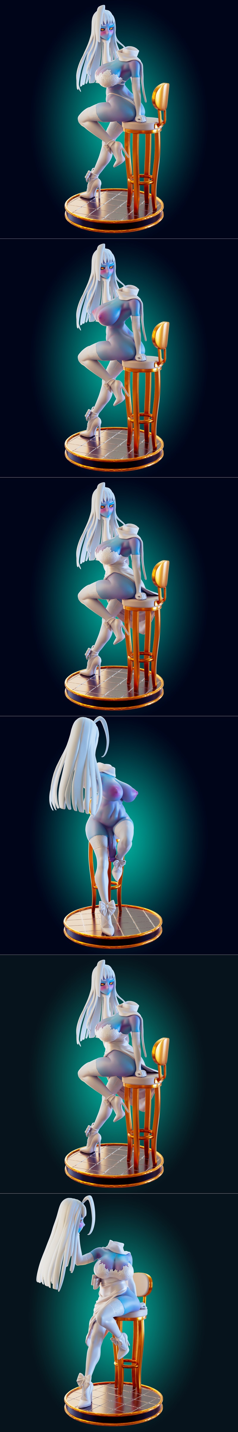 Officer Rhu's Lala Wedding Monster Girl 3D model: blue-skinned character with white hair, yellow eyes, wearing a whit...