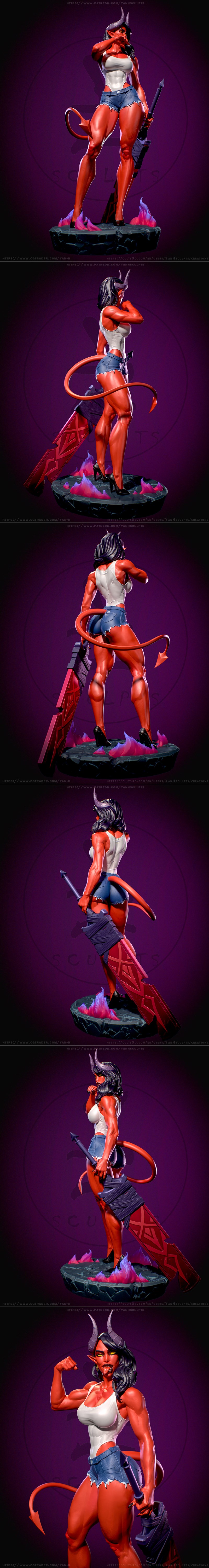 Muscular red-skinned demon female 'Malevola' by Yan-H, wearing a white tank top and denim shorts, holding a large swo...