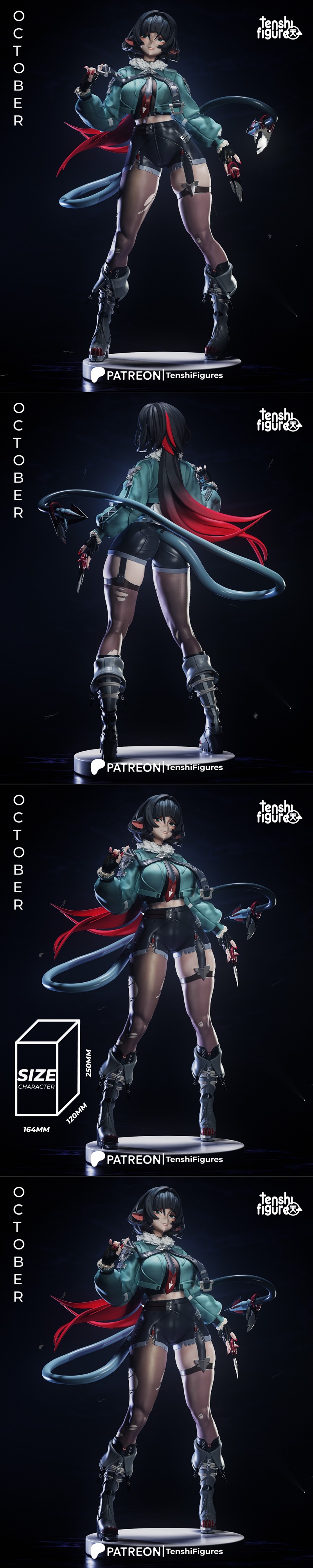 3D model of Jane Doe, an anime-styled character with cat ears, wearing a teal jacket, black shorts, and a red cape.