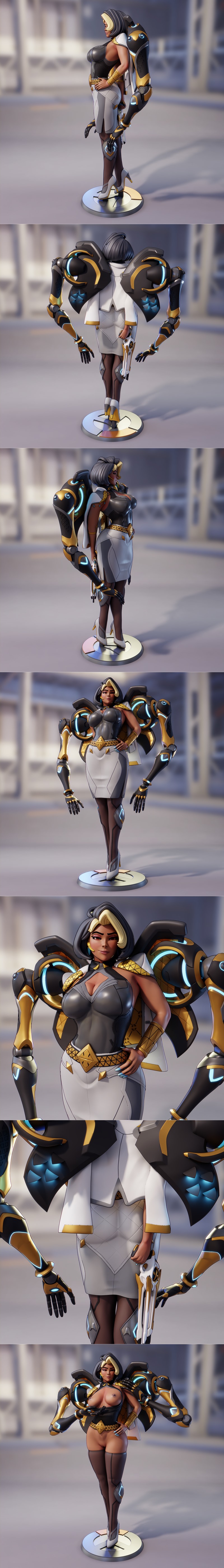 3D model of Domina from Overwatch, featuring a woman in a grey top and white skirt with gold accents, and four roboti...