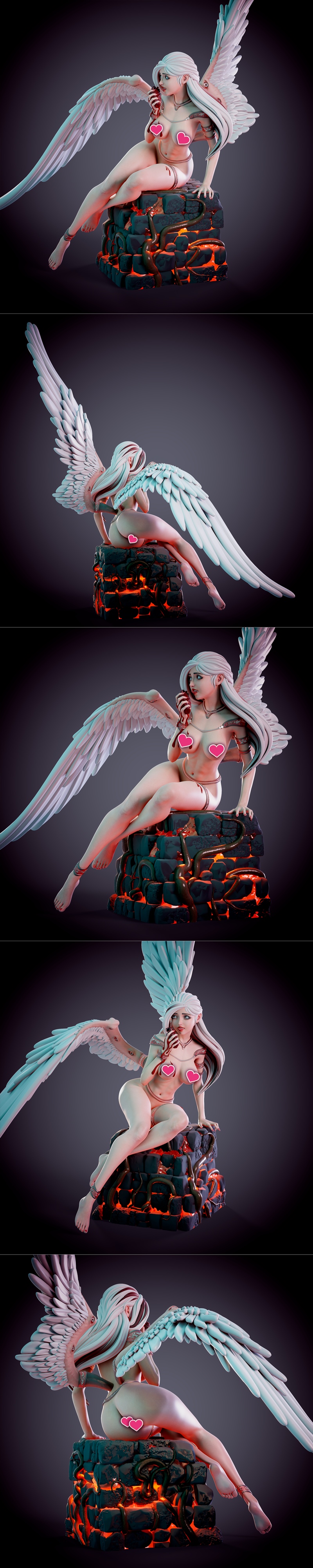 Fallen angel Adele figure with large wings, seated on a fiery rock structure, holding a bloody item.