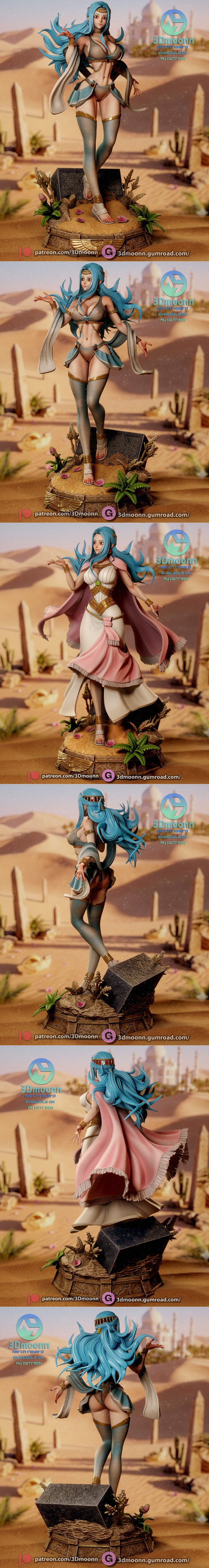 3Dmoonn 3D printable model of Nefertari Vivi from One Piece, wearing a white dress and pink cape, standing on a deser...