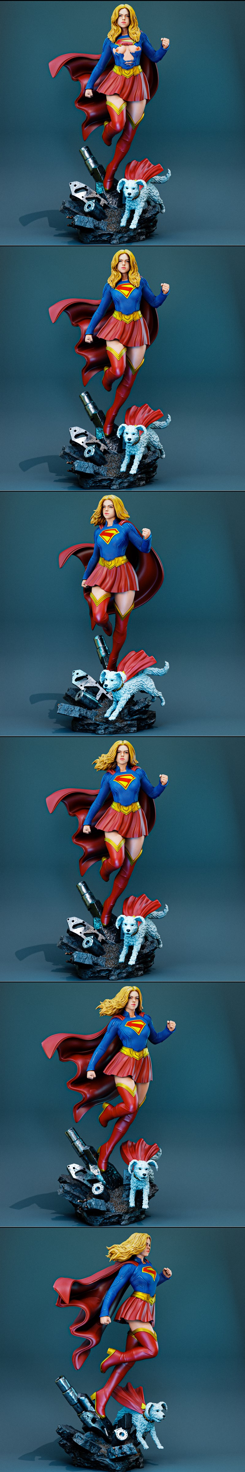 Milly Alcock Supergirl 3D model figure with Krypto the dog on a rocky base, wearing a red cape and blue costume.