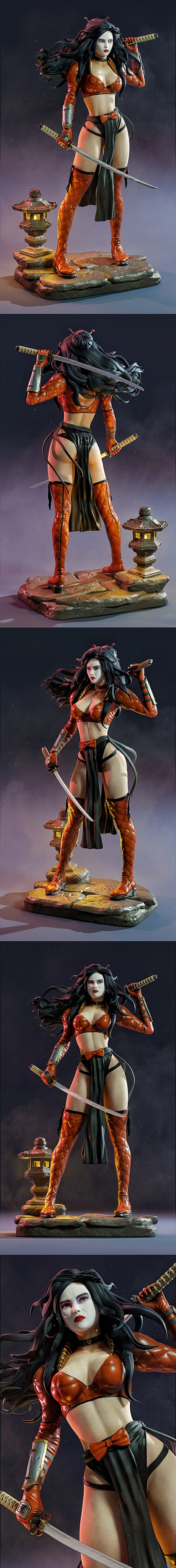 Female warrior with long black hair, white face paint, and red lipstick, holding a katana. She wears a red segmented...