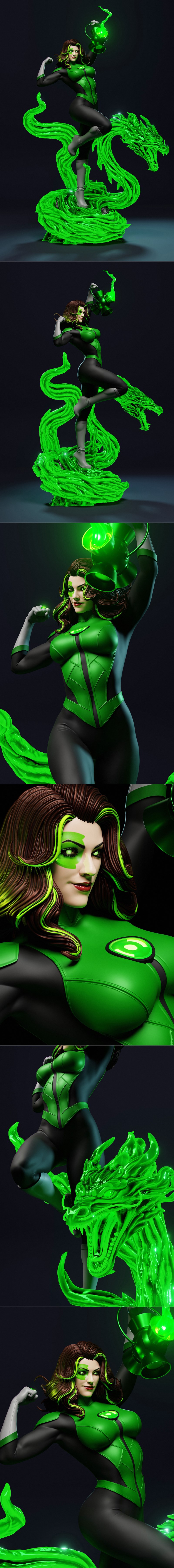 Jessica Cruz Green Lantern 3D model, holding a glowing green lantern, standing on a green energy dragon construct. De...