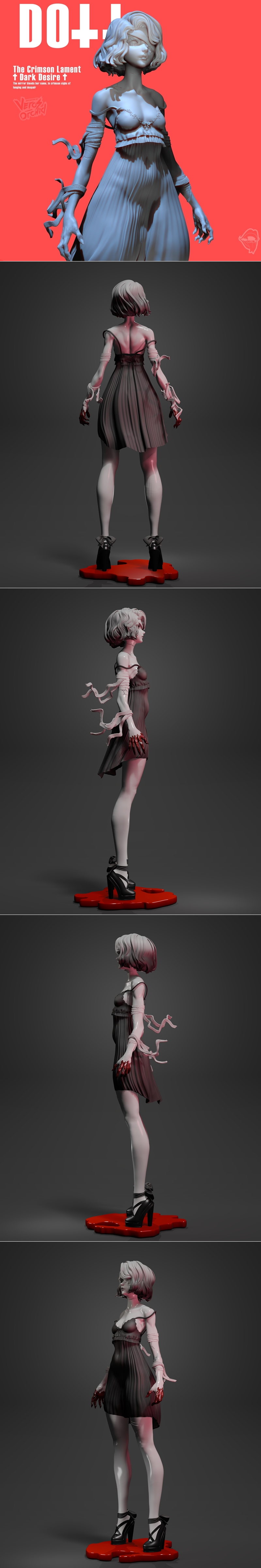 Stylized 3D model of a gothic female doll named Bloody Mary, wearing a short, off-the-shoulder pleated dress and boot...