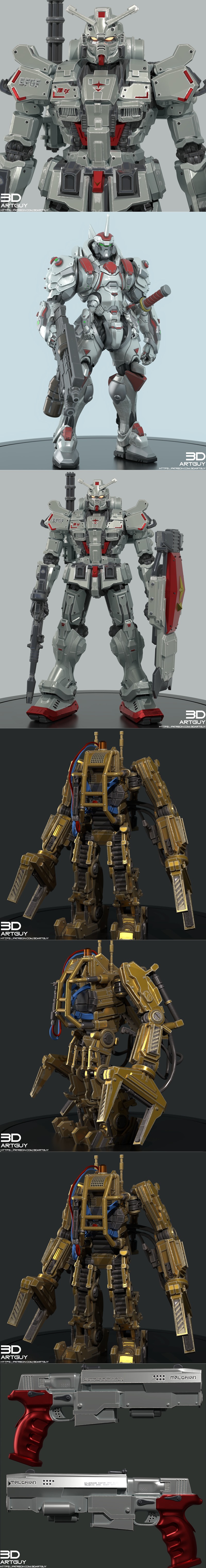 Collage of five 3D printable character busts: two mechs, a cyberpunk man with sunglasses, a woman with curly hair and...