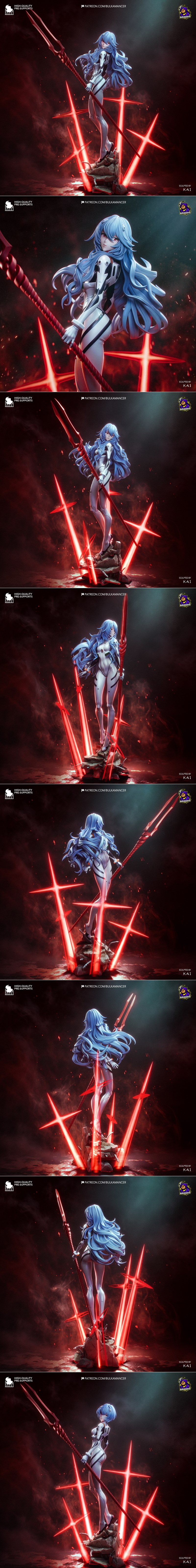 Ayanami Rei from Neon Genesis Evangelion figure, holding a spear, standing on rocks with glowing red crosses in the b...