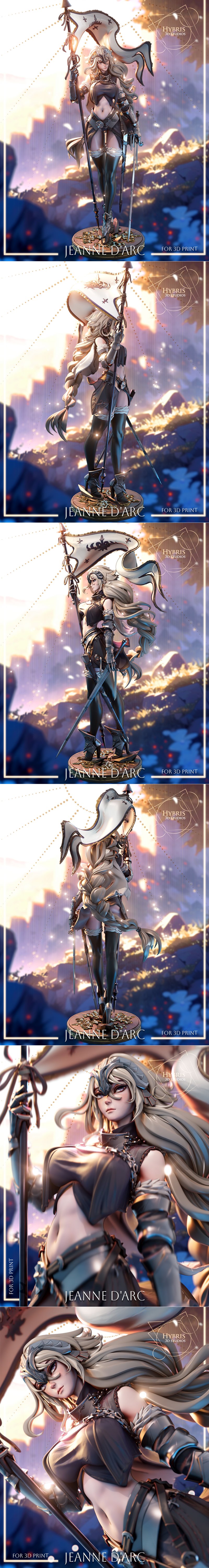 Janne D'Arc 3D print figure by Hybris Studios, holding a banner and two swords, wearing detailed armor and revealing...